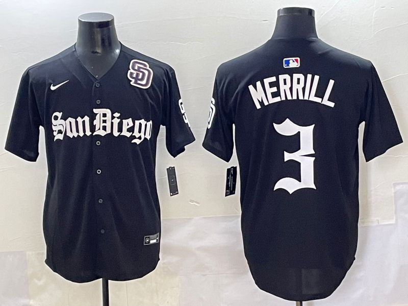 Men 2025 San Diego Padres 3 Merrill Black Five generations Joint Name Nike MLB Jersey style 13